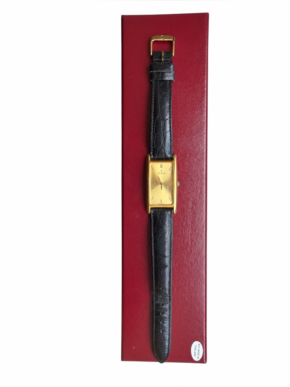 Vintage Movado 18k Gold Plated Tank Watch Black Leather Strap Sapphire Crown - Picture 2 of 16